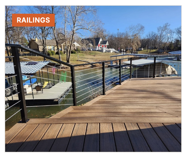 Custom cable railing system welded and installed on lakeside deck in Oklahoma