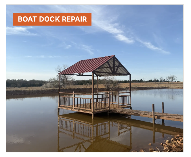 Covered boat dock with red metal roof built on Oklahoma pond by OKC Weld